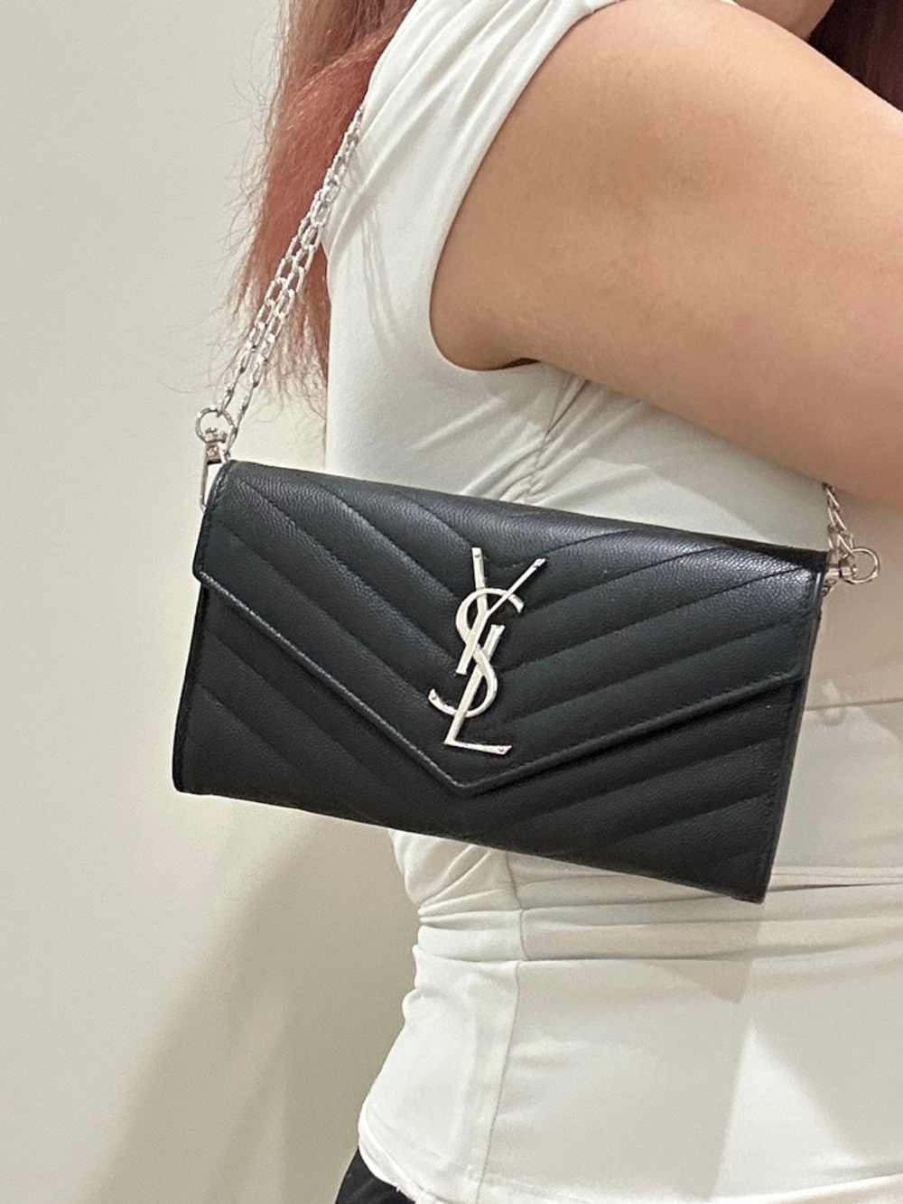 Yves Saint Laurent envelope monogram flap wallet on chain crossbody bag